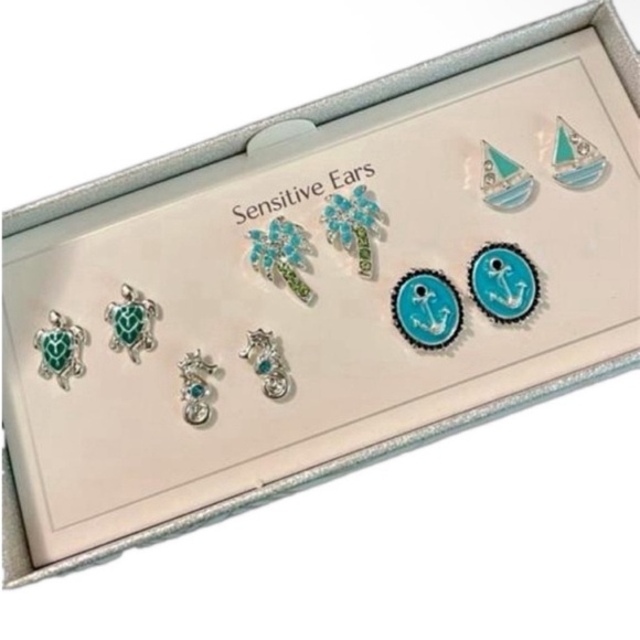 Bay Studio Jewelry - NWT Bay Studio Silver Stud Earrings Set Turtles Seahorse Palm Tree & More
